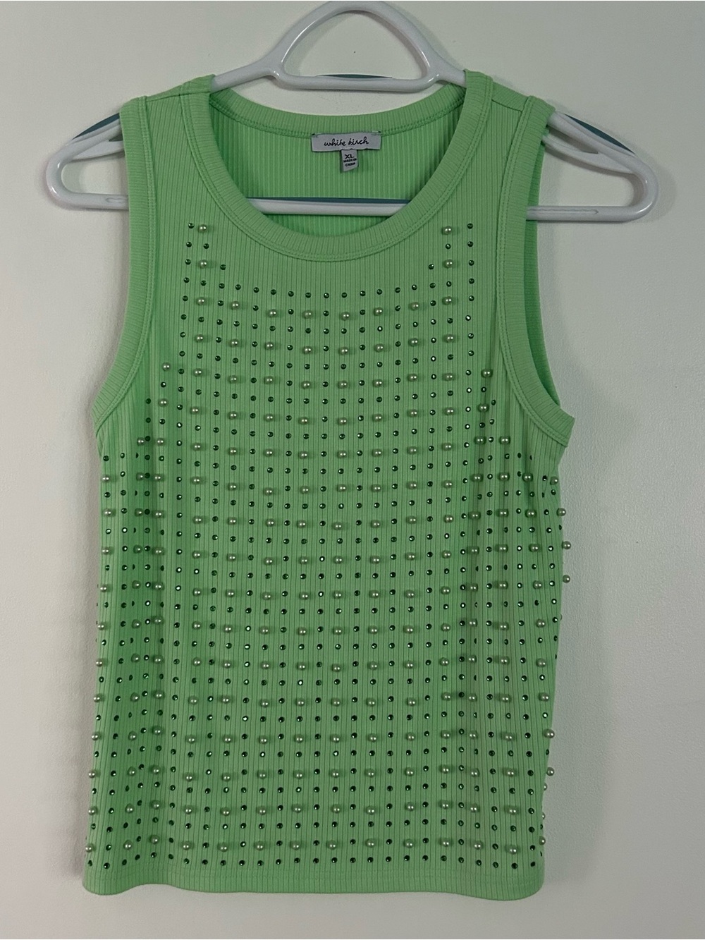White Birch Lime Green Studded and Beaded Tank XL Runs Small Bejeweled Bling